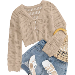 Shein Solid Color Front Tie Long Sleeve Cardigan - Women's