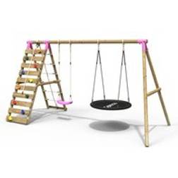 Rebo Wooden Double Swing Set with Nest and Climbing Wall One Size