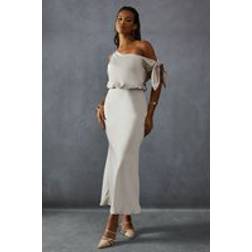 Misspap Premium Satin Off Shoulder Fishtail Bridesmaid Dress - Beige