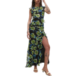 Topshop High Neck Open Back Frill Maxi Dress in Blurred Blue Floral - Multi