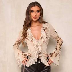 Shein Women's Front Tie Long Sleeve Printed Casual Blouse - Vacation