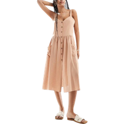 ASOS Linen Button Through Midi Dress with Pockets - Terracotta