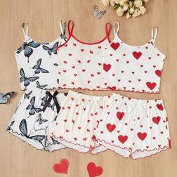 Shein 3pcs Set Include Heart & Bow Tie Print Camisole & Shorts Pajama Set