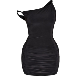 PrettyLittleThing Petite Double Slinky Asymmetric Neckline Twist Detail Mini Dress - Black