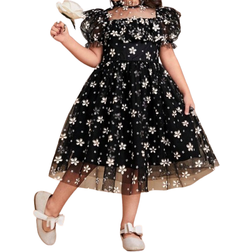 Shein Young Girls' Integrated Cute & Elegant & Gorgeous Mid-Length Daisy Flower Dress With Stand Collar