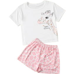 Shein Girls Long Neck Deer Printed Pajamas Set Including Top And Pants