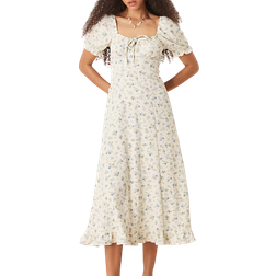 New Look Milkmaid Midikjole I Krølstof Med Blomstermønster - Cremefarvet