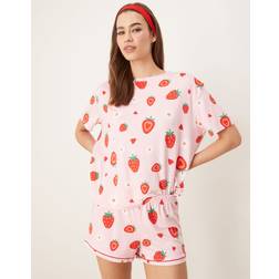 Brand Threads Oversized Pyjama Top Shorts - Strawberry
