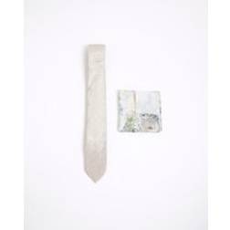 River Island Mens Beige Textured Floral Tie & Handkerchief Set - Beige