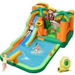 Costway Monkey Themed Inflatable Water Slide with Jumping Area & Pool with 680W Blower