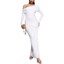 MissyEmpire Asymmetric Fold Over Shoulder Drape Detail Bodycon Maxi Dress - White