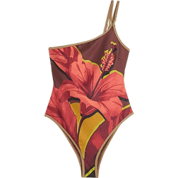 River Island One Shoulder Floral Swimsuit - Brown