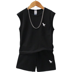 Shein Toddler Boys' Cute Dinosaur Print Sleeveless Hoodie And Athletic Shorts Set For Summer