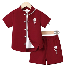 Shein Toddler Boys' Rose Print Button-Down Shirt And Shorts Set