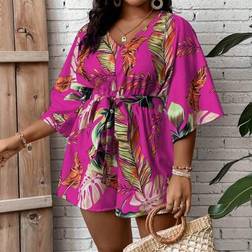 Shein Große Größen Sommer Lässig Jumpsuit mit Tropischem Muster und V-Ausschnitt