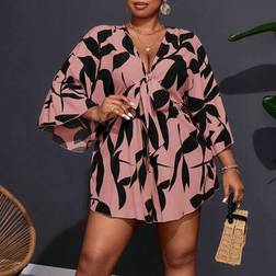 Shein Große Größen Damen Urlaub Lässig V-Ausschnitt Loose Bedruckter Jumpsuit mit Bindegürtel