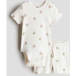 H&M 2-delat Ribbat Set I Bomull - Crèmevit/Björnar
