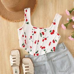 Shein Tween Girl Knit Printed Square Neck Asymmetrical V-Hem Short Camisole Top - Versatile