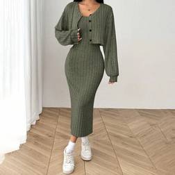 Shein Autumn Ribbed Knit Drop Shoulder Front Button Jacket And Skinny Mid-Length Dress Set