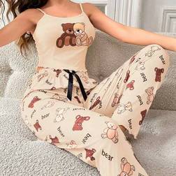 Shein Damen Pyjama-Set mit Trägern und Bärchen-Muster - Minimalistisches Top und lange Hose