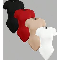 Shein Lässiger Einfarbiger Rippstrick Crew Neck Kurzarm Bodysuit - Frauen
