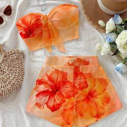 Shein Soleia 2pcs Women's Casual Resort Style Background Swimwear Set - Orange Hibiscus