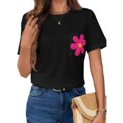 Shein Womens Casual Crew Neck Pocket Flower White TShirt