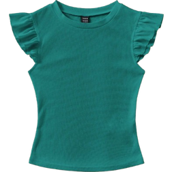 Shein WYWH Vacation Ruffle Trim Ribbed White Knit Tee
