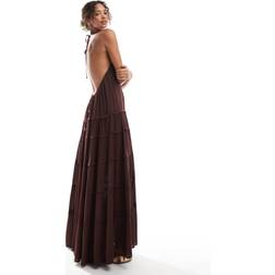 Pull&Bear Low Back Tiered Maxi Dress - Brown