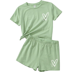 Shein Tween Girls' Casual Simple Heart Pattern Short Sleeve Top And Shorts 2pcs/Set, Suitable For Summer