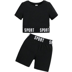 Shein Girls' Sporty Street Knit Round Neck Short Sleeve T-Shirt And Base Shorts Set