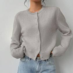 Shein Casual Solid Color Crew Neck Loose Cropped Long Sleeve Cardigan Sweater - Women