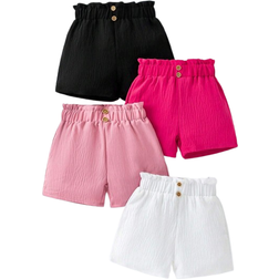 Shein Young Girls' Simple Style Casual Elastic Waistband Shirred Shorts Four-Piece Set For Summer