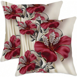 Shein 2pcs Red Floral Velvet Throw Pillow Cover, 17.7x17.7inch, Decorative Cushion Case For Living Room, Bedroom, Sofa, Bed, Gift For Spring Party, Does Not Include Pillow Insert Örngott Röd, Beige (50x30cm)