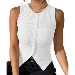 Shain Chiquease Women's Casual Fitted Ribbed Hem Split Back Tank Top - White