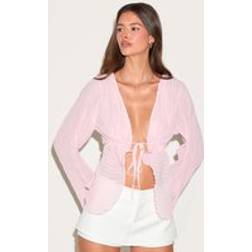 PrettyLittleThing Sheer Plisse Tie Front Flute Sleeve Blouse - Pale Pink