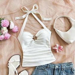 Shein Plus Size V-ringad Blommig Metallspänne - Vitt