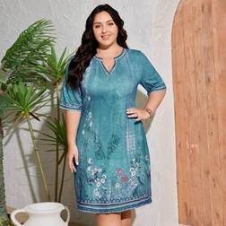 Shein Plus Size Kvinnor Casual Blommig Klänning - Marinblå