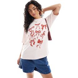 JJXX Oversized T-shirt Med Rødt Sløjfeprint - Lyserød
