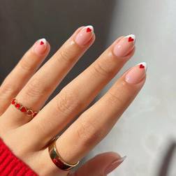 Shein French White Press On Nails Short Almond Shape - Red Heart