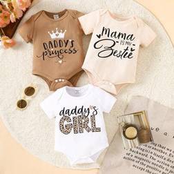 Shein Newborn Baby Girl Summer Cartoon Print Letter Pattern Short Sleeve Romper - White/Apricot Brown
