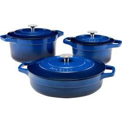 Procook Piece Graduated Blue Cast Iron Casserole Dish Cookware Set with lid 3 Parts