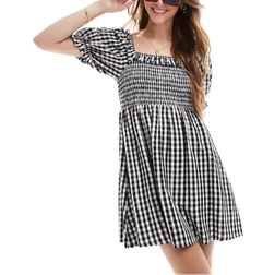 New Look Gingham Check Shirred Mini Dress - Black