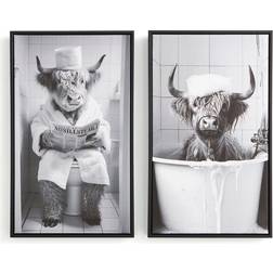 Dunelm Monochrome Highland Cow Black Framed Art 30x50cm 2pcs
