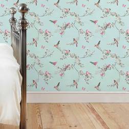 Dunelm Beautiful Birds Duck Egg Wallpaper Blue