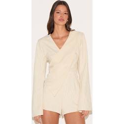 PrettyLittleThing Cream Pinstripe Peachskin Wrap Front Long Sleeve Playsuit - White