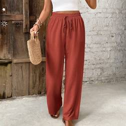 Shein Women's Solid Color Belted Loose Straight Leg Casual Pants - Versatile