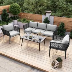 Merax Gartenlounge-Set aus verzinktem Stahl und handgeflochtenem Seil mit Seilgeflecht und Anti-Rutsch-Kissen Lounge-Set