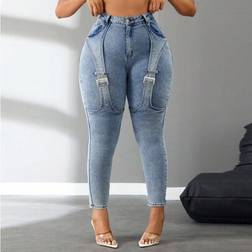 Shein Plus Size Women Elastic Blue Stylish Button Design Skinny Jeans