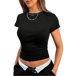 Shein Women Summer Short Sleeve Slim Crop Top With Round Neck